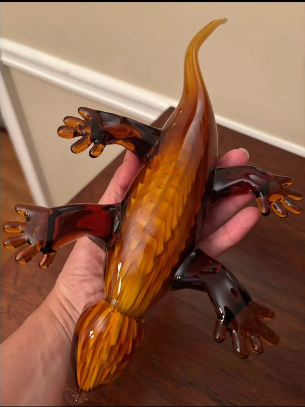 Glass Lizard Figurine - Brown & Green Decorative Reptile 13”
